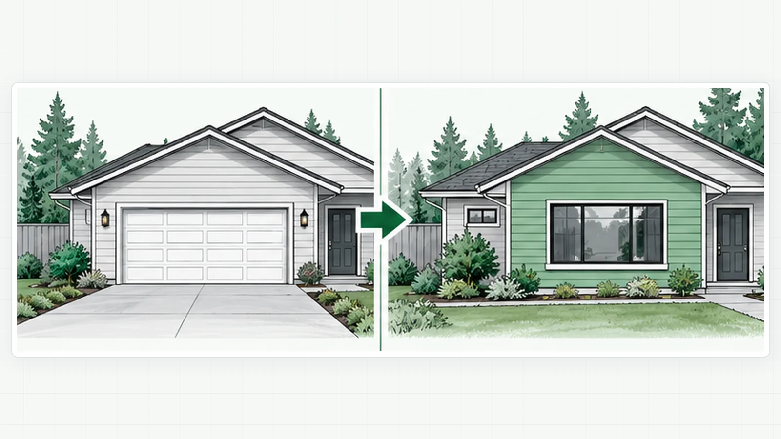Before and after illustration of a house: on the left an attached garage with a garage door, on the right the same space converted to living space with siding and a large window