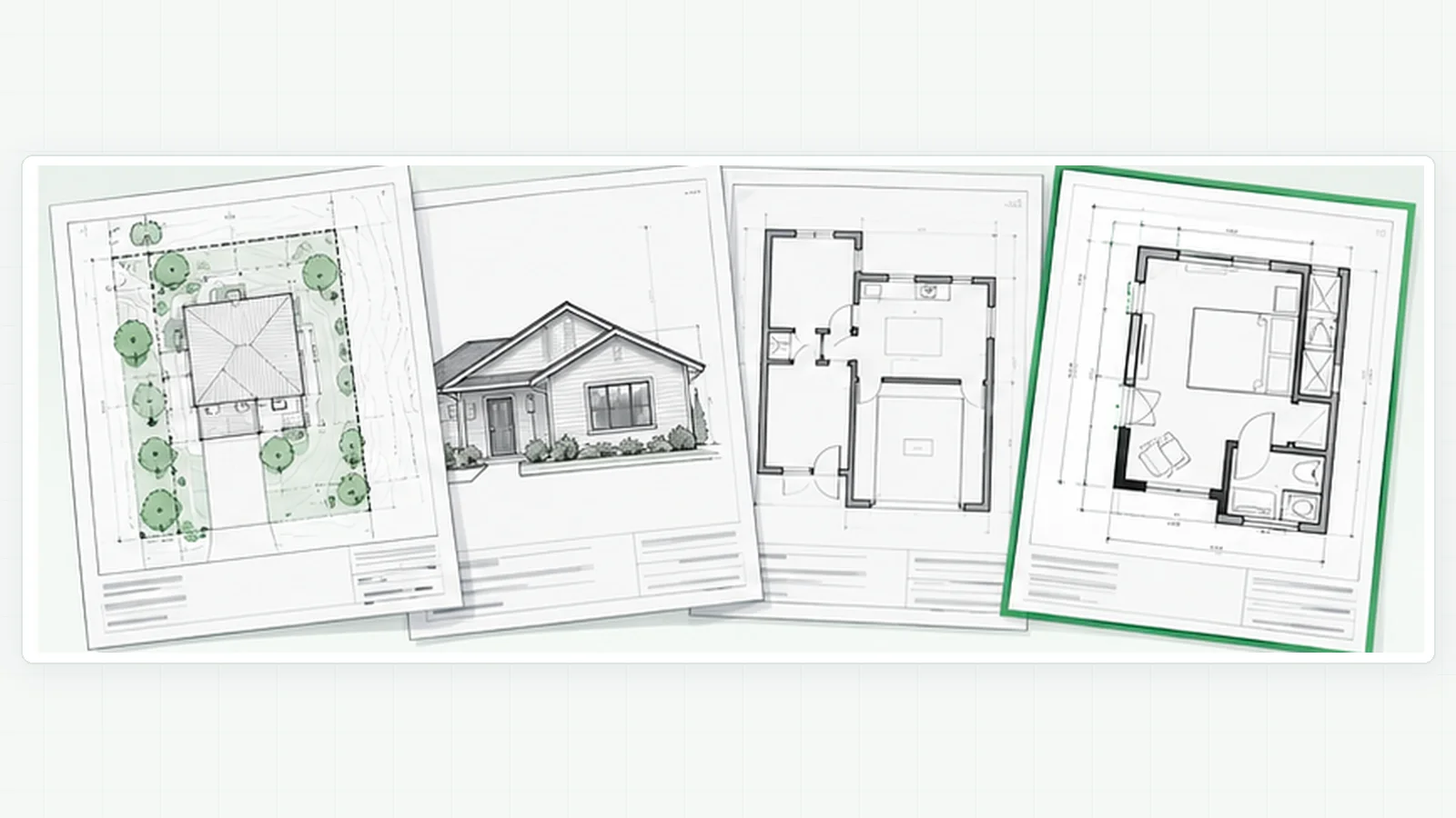 Four plan sheets for a garage conversion side by side: a site plan, an exterior elevation, an existing floor plan and a proposed floor plan with a bedroom, the last one outlined in green