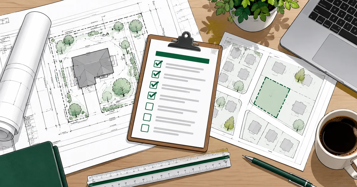 Illustrated desk with a residential site plan, a clipboard checklist with four items checked, and a parcel map with one lot outlined in green.