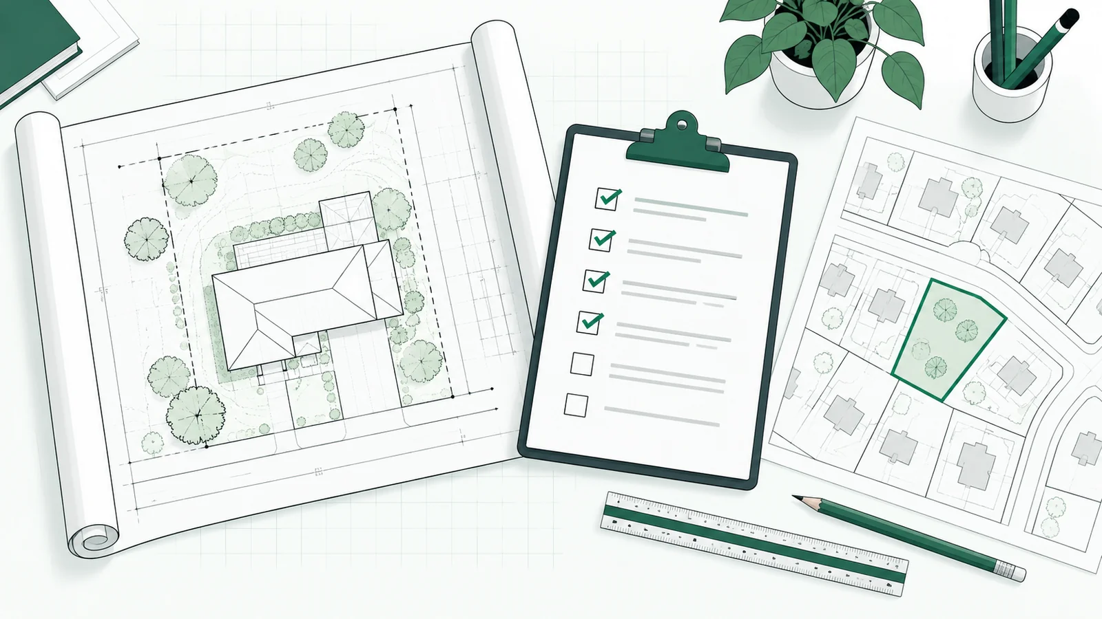 Illustration of a desk with a residential site plan, a clipboard checklist with four items checked, a parcel map with one lot outlined in green, a scale ruler and a pencil
