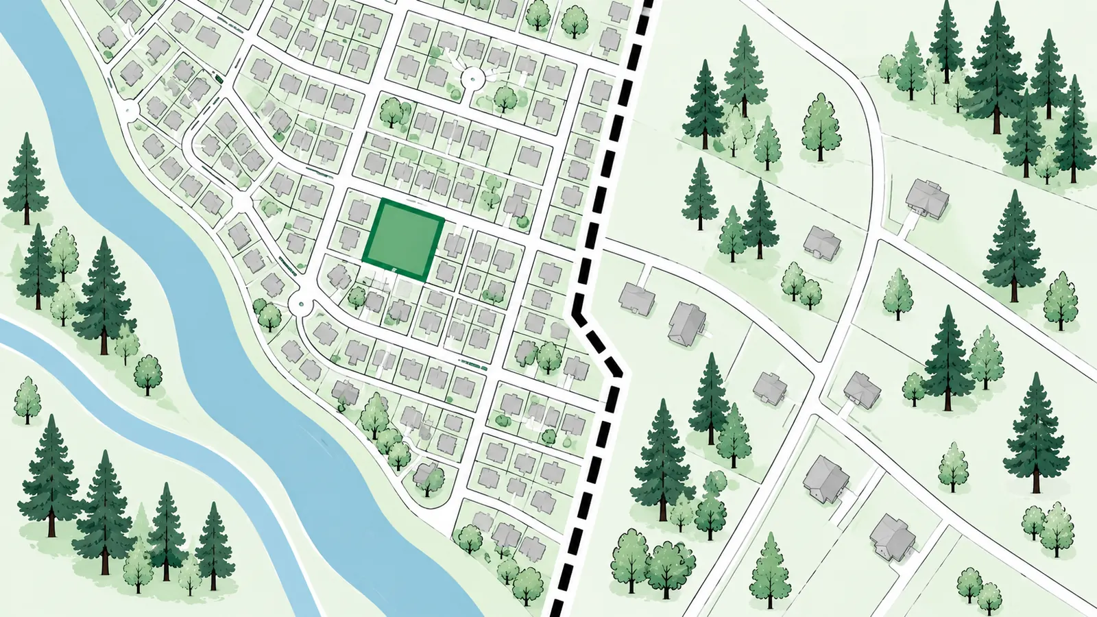 Map illustration of a neighborhood divided by a dashed boundary line, with one parcel next to the line highlighted in green, a river and evergreen trees