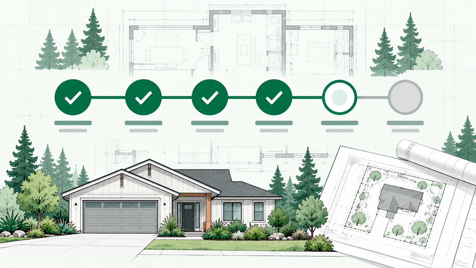 Six-step progress line over a faint floor plan, with the first four steps checked in green and the last two not yet complete