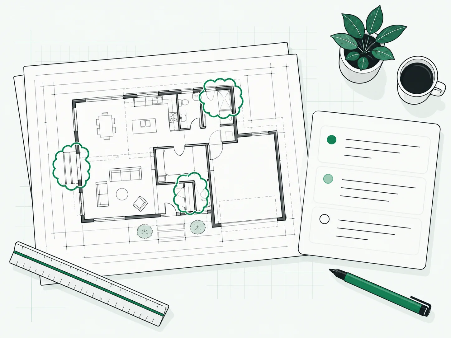 Floor plan with three areas circled in green as reviewer markups, next to a card listing three comment items: one done, one in progress and one open