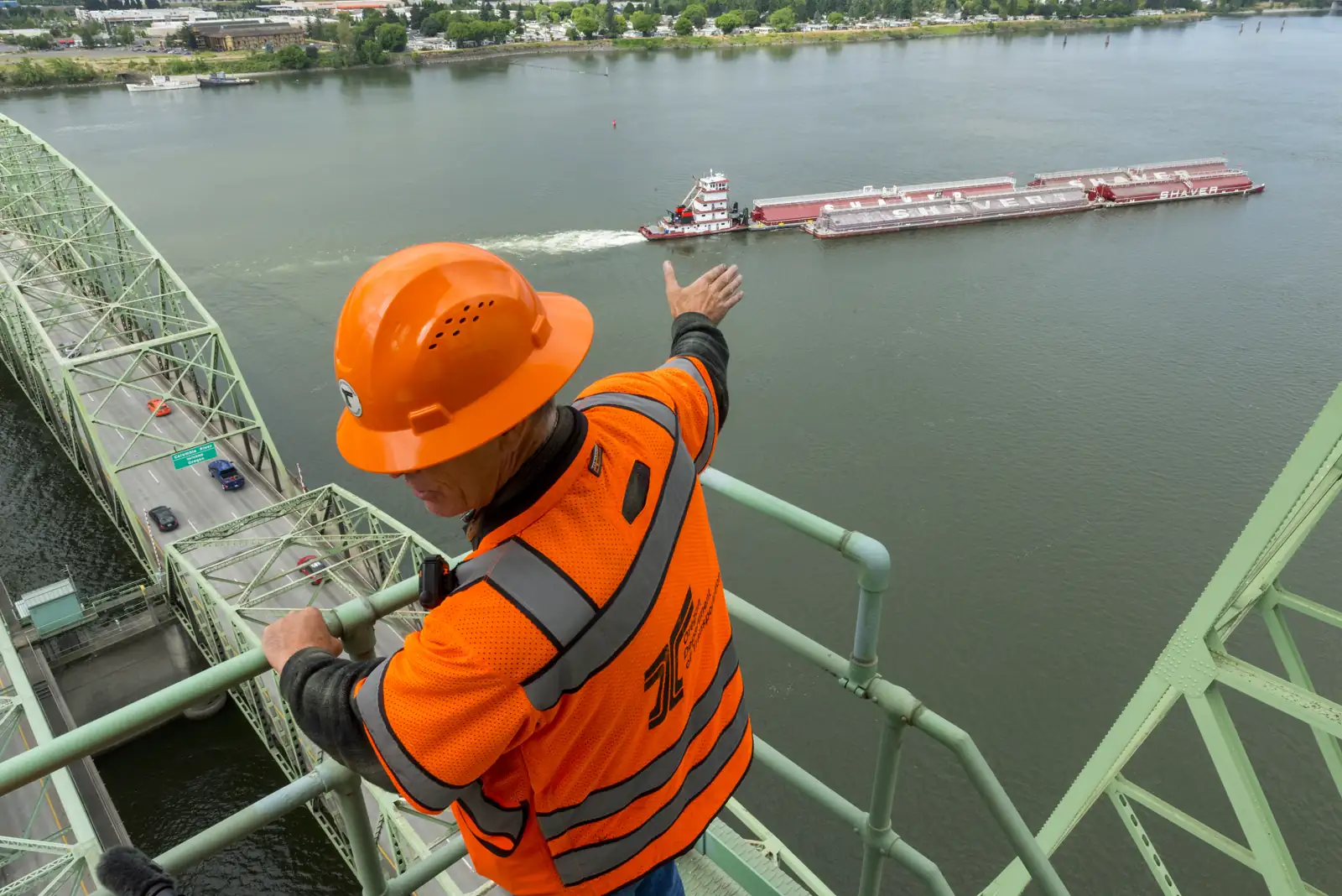 Aerial view of the Interstate 5 bridge across the Columbia River between Vancouver, Washington and Portland, Oregon.