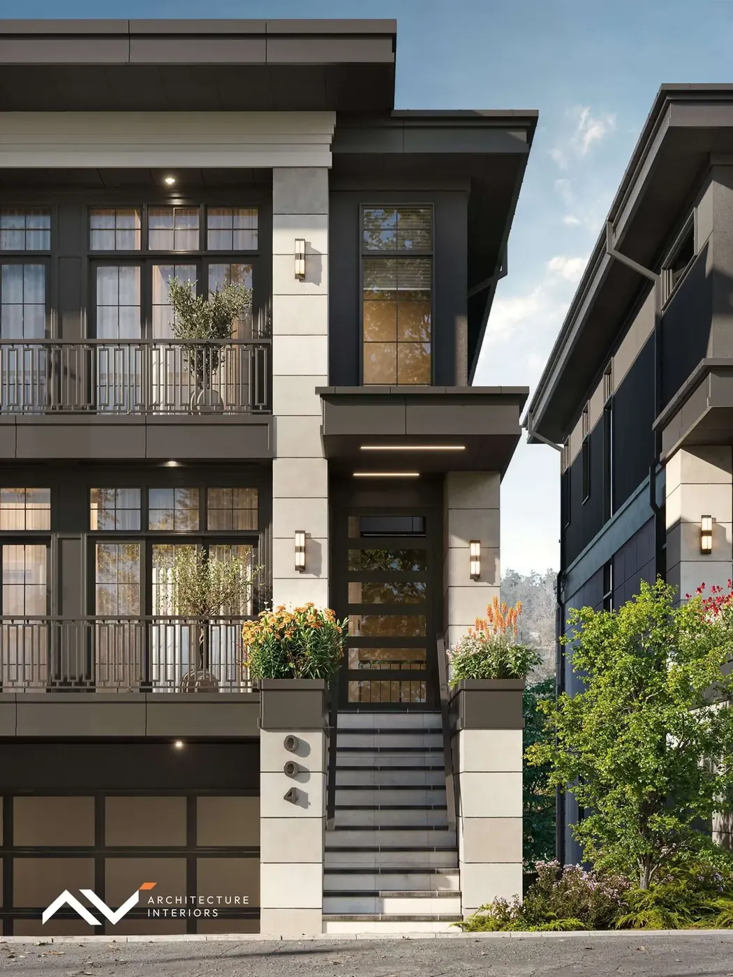 Street-level rendering of The Ridge townhomes, showing a garage entry, front stairs and stacked balconies