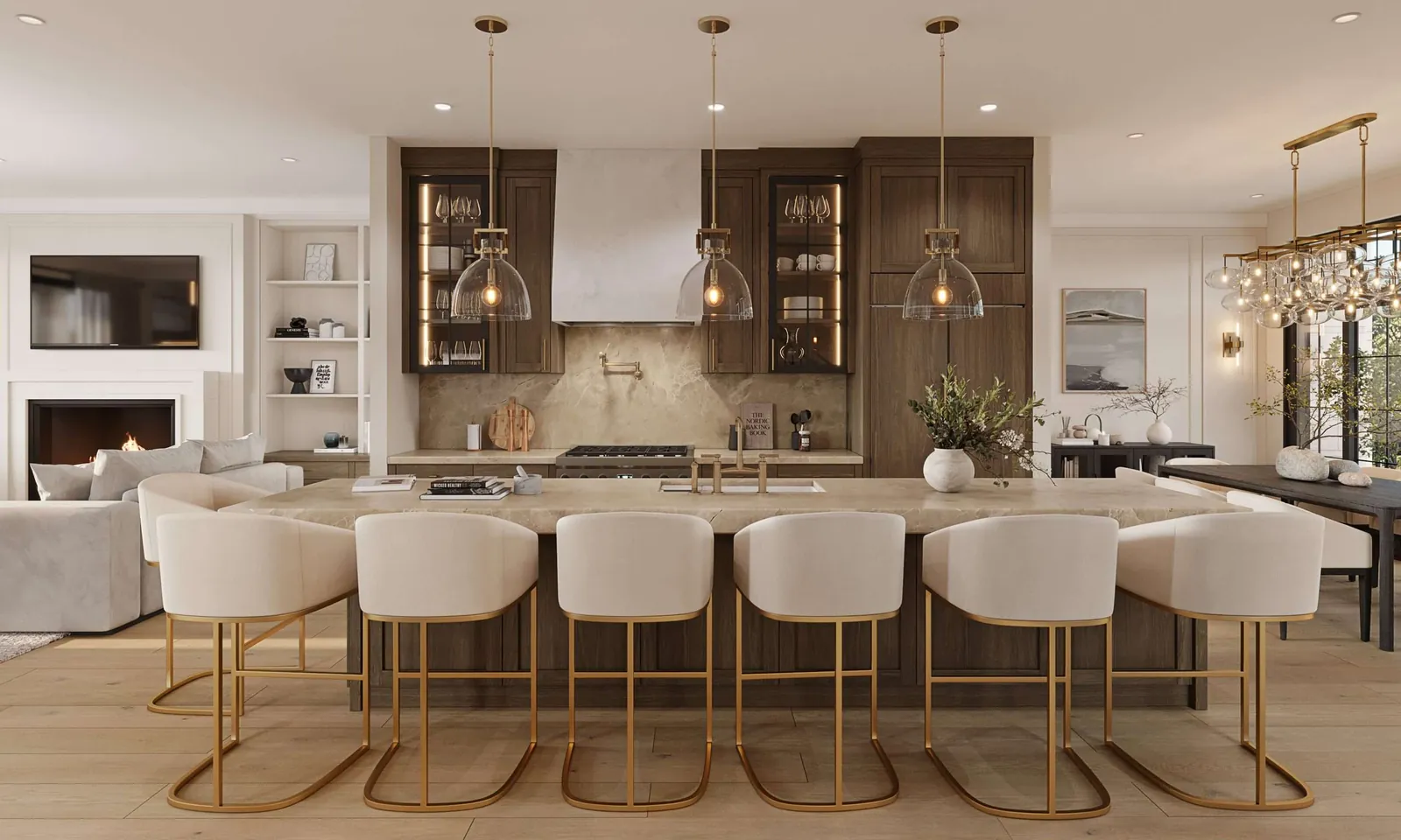 Interior rendering of an open kitchen with a long island, upholstered bar stools and three pendant lights