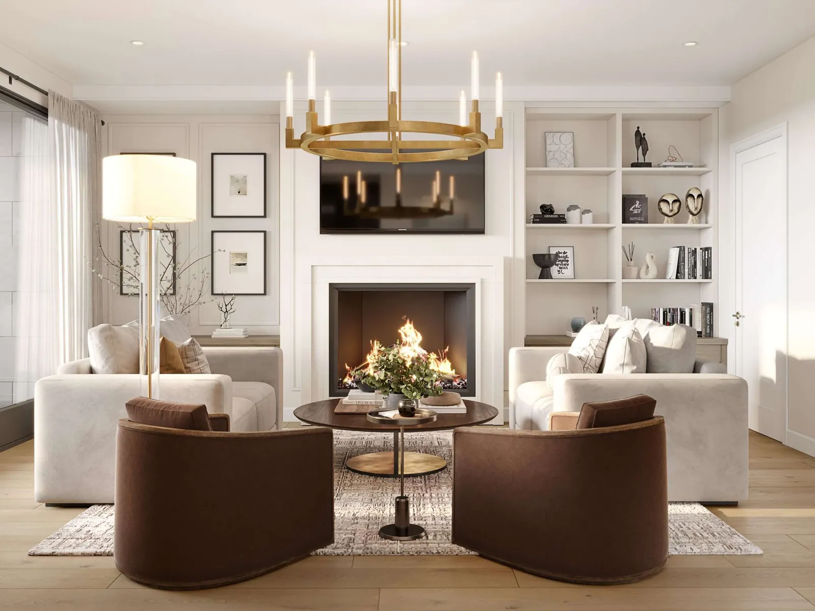 Interior rendering of the main living area with a fireplace, built-in shelves, a round chandelier and two sofas