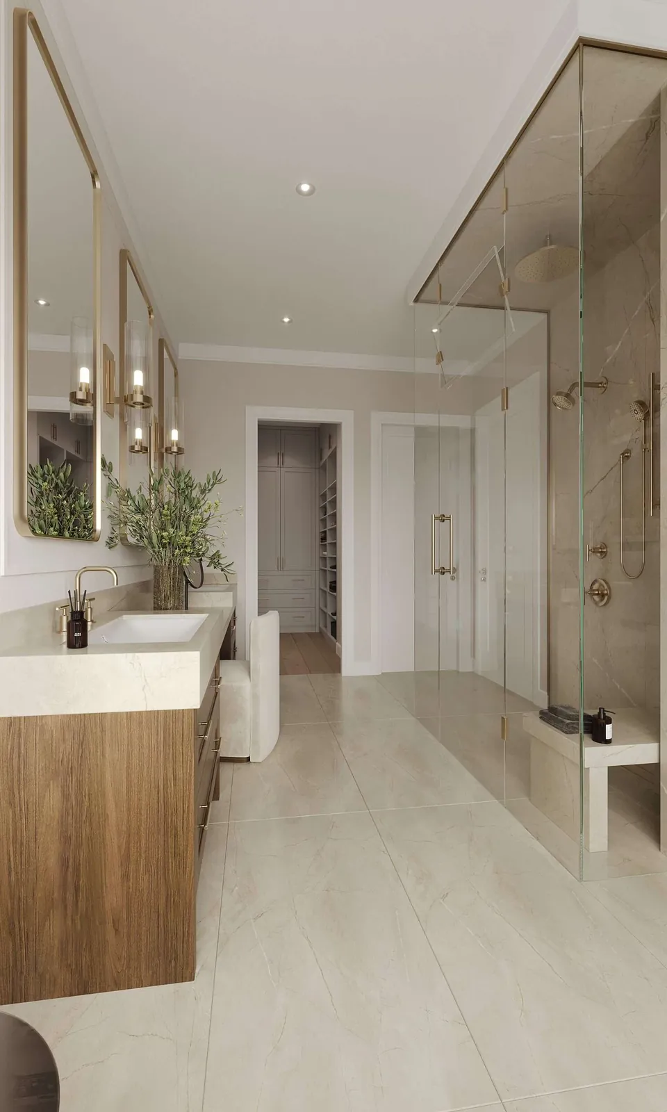 Interior rendering of the primary bathroom with a wood vanity, light stone floors and a glass-walled shower
