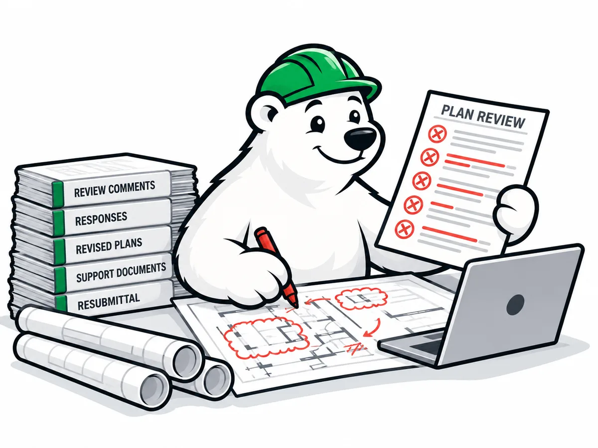 Polar bear marks up plan review comments for resubmittal