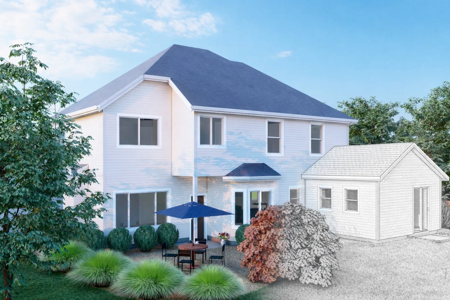 Home addition rendering, half finished view and half sketch